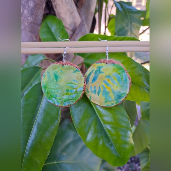 Handmade Circle Knit Earrings Sparkled Orange Hand Dyed Yarn Green Cotton Fabric - Picture 9 of 16